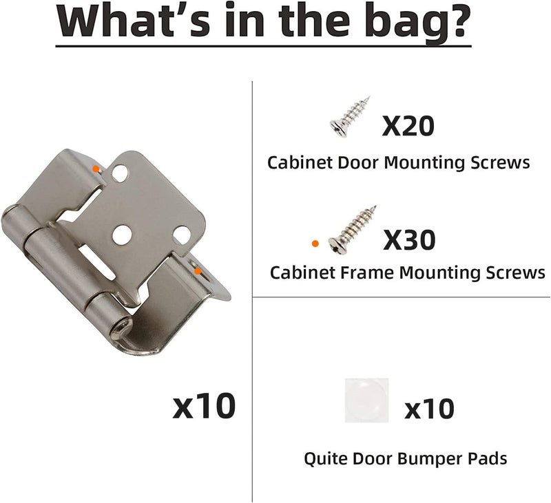 Decobasics 20 Pack 1/2" Overlay Brushed Nickel Cabinet Hinges for Cabinet Doors (10 Pairs) â€“ Self-Closing Semi-Wrap Face Frame Hinges for Cupboard & Kitchen Doors w/Screws & Quiet Bumpers - Image 5